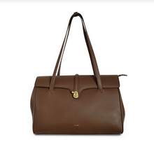 Load image into Gallery viewer, Pixie Mood Lock Tote soft vegan leather beautiful work bag, briefcase, espresso brown.