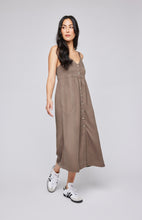 Load image into Gallery viewer, Gentle Fawn olive coloured Jane midi dress. Tencel, Canadian, pockets, adjustable straps
