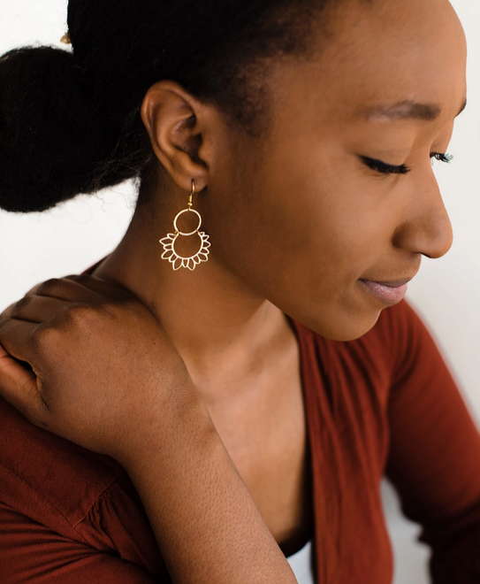 White Birch brass sunflower earrings made in Canada.