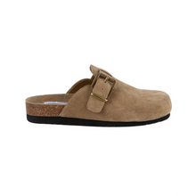 Load image into Gallery viewer, Steve Madden clog style birkenstock slide tan taupe brown suede.
