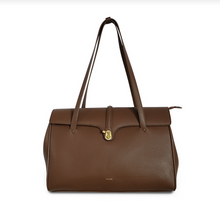 Load image into Gallery viewer, Pixie Mood Lock Tote soft vegan leather beautiful work bag, briefcase, espresso brown.
