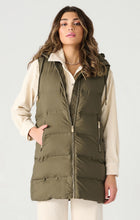 Load image into Gallery viewer, Dex long puffer vest olive green, zipper, pockets, hood, Canadian.
