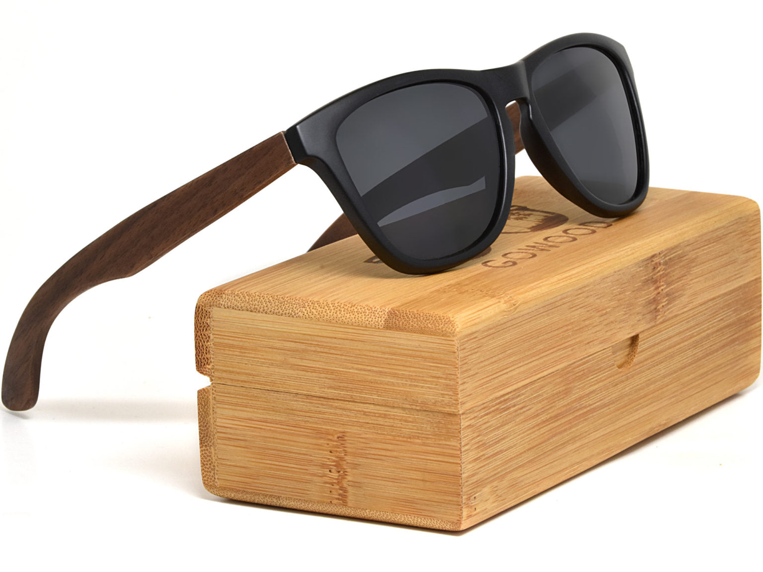 Walnut wood classic style sunglasses with Black polarized lenses